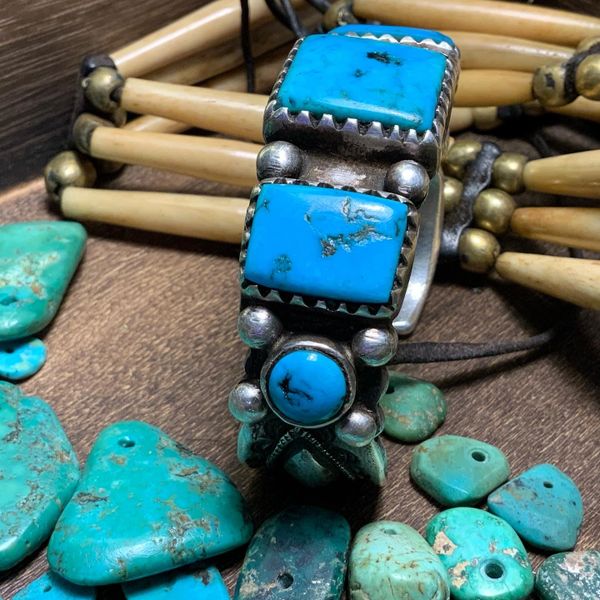 SOLD JOCK FAVOUR RARE HEAVY BIG MENS SIZED WRIST CUFF BRACELET OF COIN SILVER AND BLUE TURQUOISE SIGNED