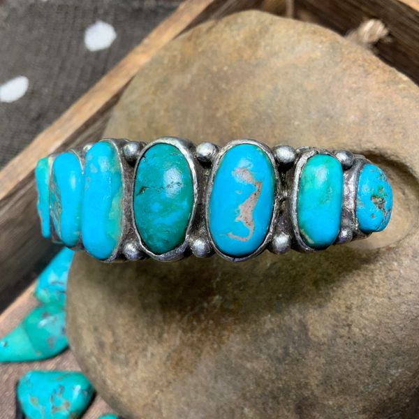 SOLD 1920s PUEBLO OR NAVAJO INGOT SILVER NEON BLUE, GREEN AND YELLOW ROYSTON TURQUOISE ROW CUFF MENS SIZED WRIST BRACELET