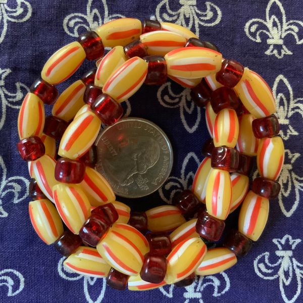 1700s VENETIAN GLASS YELLOW & COBALT BLUE HAND-PAINTED STRIPED TRADE BEADS AFRICA TRADE BEADS MELON STRIPED BEADS & PURPLE PADRE BEADS FROM EARLY 1900s 34" LONG