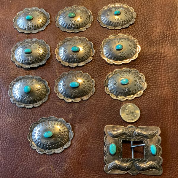 1920s - 1930s WHIMSICAL REPOSUSSE TURQUOISE SILVER CONCHO BUCKLE SET