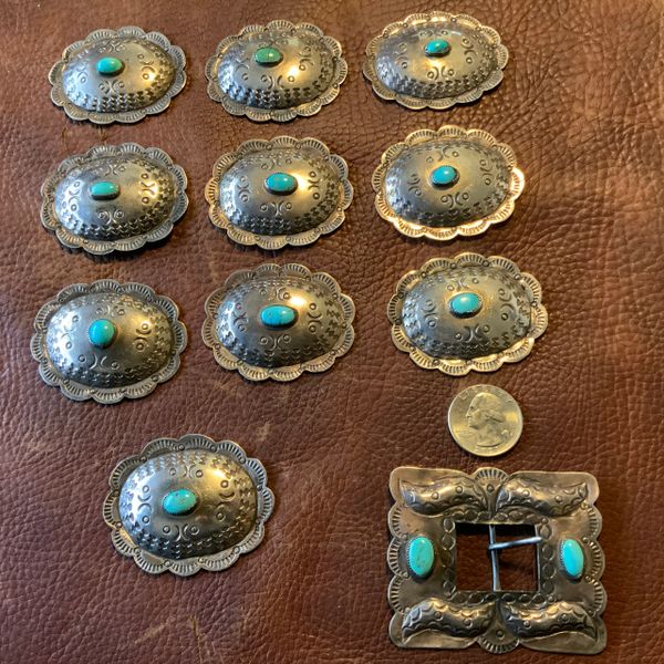 SOLD 1920s - 1930s WHIMSICAL REPOSUSSE TURQUOISE SILVER CONCHO BUCKLE SET