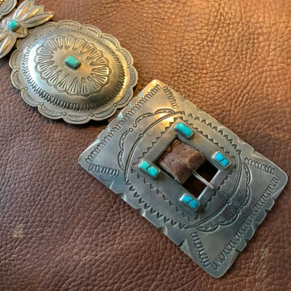 SOLD 1910s - 1920s BLUE GEM ROYSTON REPOSUSSE TURQUOISE SILVER CONCHO BUCKLE SET