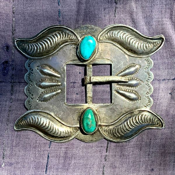 SOLD 1940s - 1950s NAVAJO TURQUOISE SILVER REPOUSSE BELT BUCKLE