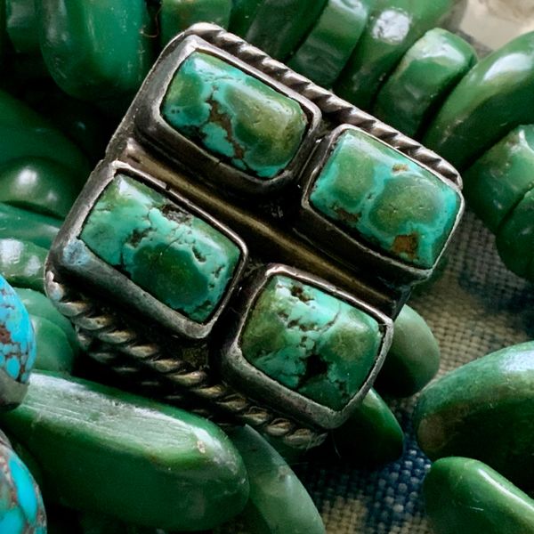 SOLD 1940s HUGE MENS GREEN PERSIAN ZUNI INGOT SILVER RING