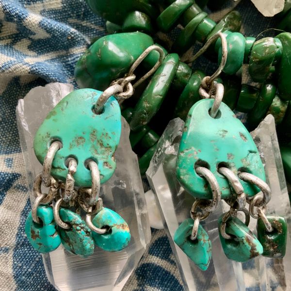 1890s STYLE CLOUD AND RAINDROP TURQUOISE TAB AND PURE SILVER INGOT CHANDELIER EARRINGS