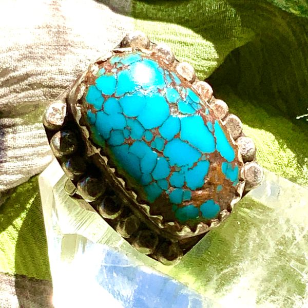 1930s OLD Pawn Navajo Dark BLUE Spiderweb Turquoise Silver MENS HUMONGOUS HEAVY Ring sz 8