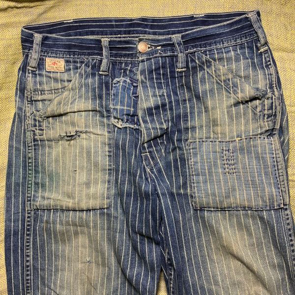 WABASH INDIGO DENIM FADED REPAIRED SHASHIKO BORO RAILROAD CONDUCTOR ENGINEER JEANS