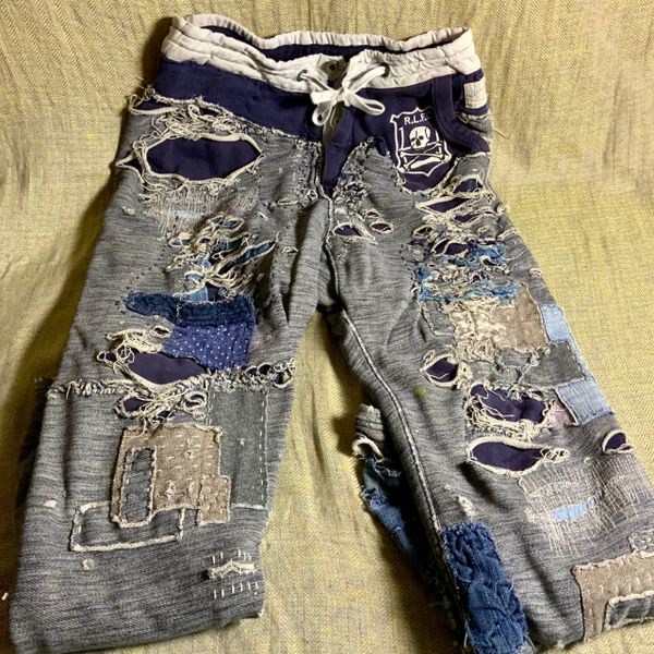 MIXED DENIM & SUPPLY & RALPH LAUREN RUGBY SHASHIKO BORO INDIGO SKULL SWEAT PANTS ALL COTTON