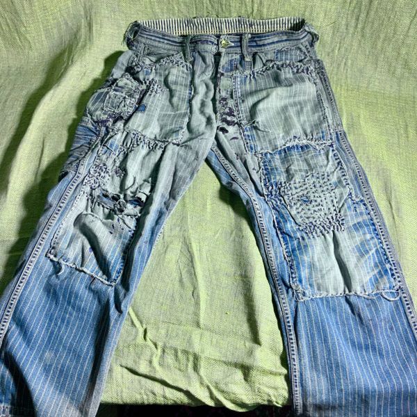 WABASH INDIGO DENIM FADED REPAIRED SHASHIKO BORO RAILROAD CONDUCTOR ENGINEER JEANS WITH BUILT IN GUN HOLSTER