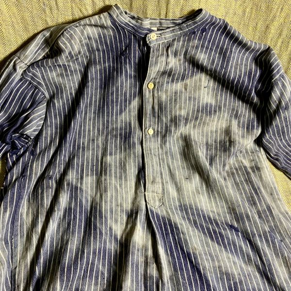 OLD SUN FADED FRENCH GRANDAD INDIGO STRIPED DESTROYED WORKWEAR WABASH CHEMISE CHORE SHIRT