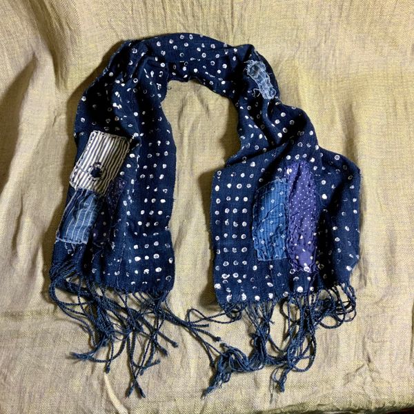 WABASH SHASHIKO BORO ANTIQUE AFRICAN INDIGO SCARF POLKA DOT Hand Painted Hand Woven Hand Dyed in Real Indio and Hand Sewn