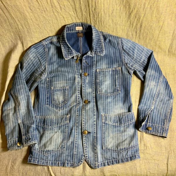 SOLD WABASH INDIGO DENIM JACKET CHORE COAT DISTRESSED FROM REAL WEAR MADE BY EDWIN OVERWORKS