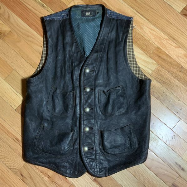 Rare Double RL RRL 1910s Style leather & Boro Patched Biker Vest