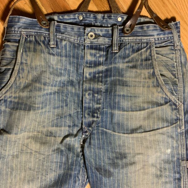 RARE REL DPUBLE RL WABASH CARPENTER JEANS STIFEL STRIPED 36" WAIST RIPPED AND REPAIRED