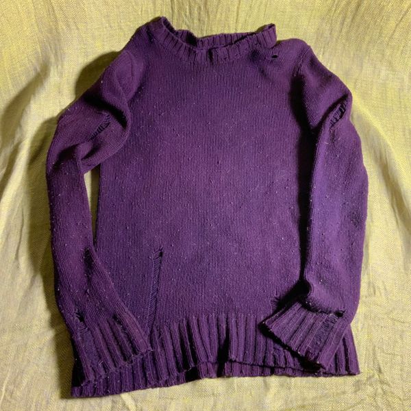 PURPLE WOOL BLEND JAPANESE MENS SWEATER WITH DELIBERATE DISTRESSING, MONKEY ARMS AND THUMB HOLES