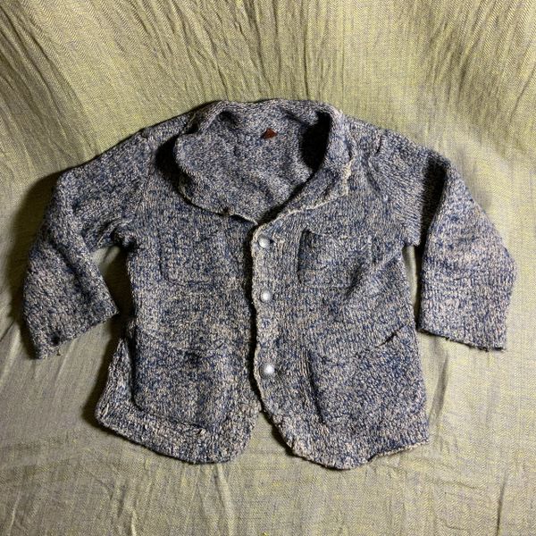 KAPITAL MENS SMALL SHAWL COLLAR CARDIGAN OF WOOL,LINEN, AND HAND SEWN HEMP TRIM 3/4 SLEEVE FOR PREPPY DRESS SHIRT