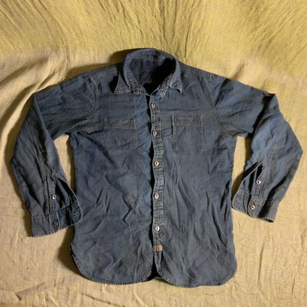 SOLD RRL DOUBLE RL STRIPED INDIGO CHAMBRAY SHIRT KAKISHIBUED WITH 100 YEAR OLD BUTTONS S