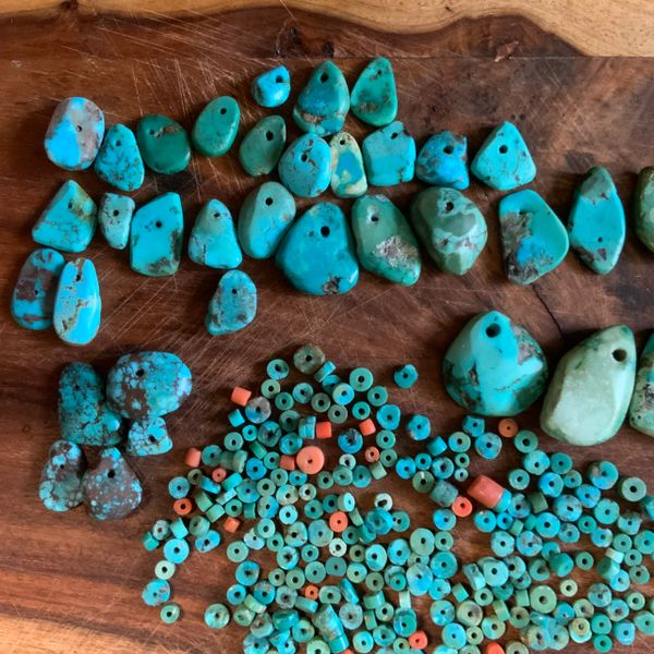 SOLD 1940s BLUE TURQUOISE AND CORAL HEISHI BEAD AND TURQUOISE TAB LOT PERFECTLY STABILIZED