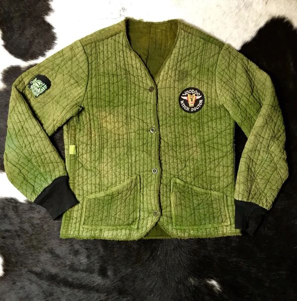 1960s QUILTED MILITARY ZOMBIE COTTON INSIDE AMD OUT, COAT JACKET WITH VENTED ARMPITS SHRUNKEN HEAD