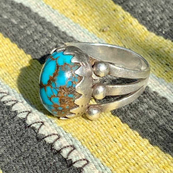 1920s SPIDERWEBBED PERSIAN DOMED BLUE TURQUOISE SILVER RING NAVAJO