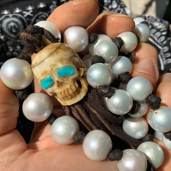 MENS Long REAL Pearl Necklace PIRATE Skull Leather Silver Pink Natural Turquoise