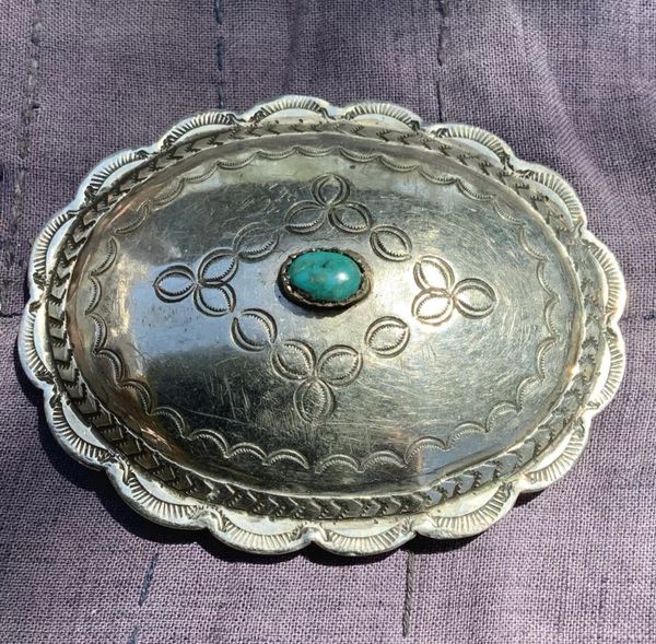 SOLD 1940s Navajo CONCHO Concha Native American Turquoise Silver Belt Buckle Harvey