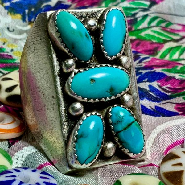 SOLD 1920s - 1930s VERY HEAVY LARGE BOX AND BOW THEMED PERSIAN CUT PALE BLUE AND EMERALD GREEN HIGH DOMED TURQUOISE ZUNI SILVER MENS RING