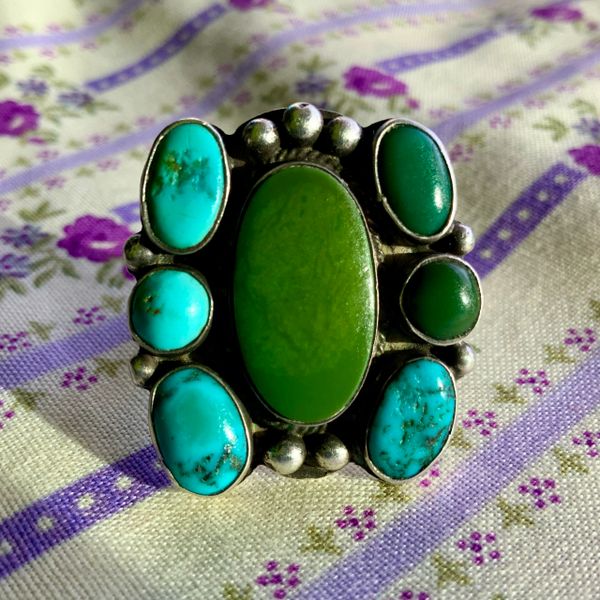 1940s GREASY BLUE AND GREEN TURQUOISE SILVER ZUNI BUTTERFLY RING FRED HARVEY ERA