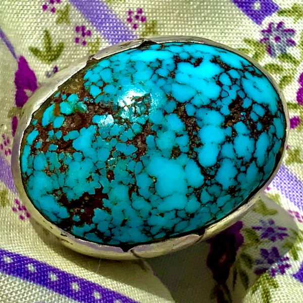 1950s PERSIAN ROBBIN'S EGG BLUE SPIDERWEB DOMED PERSIAN TURQUOISE SILVER MENS HEAVY HUMONGOUS LARGE BIG HUGE