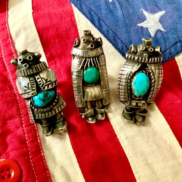 SOLD 1980s or 1990s COLLECTION OF 3 MUDHEAD KATSINA KACHINA SILVER TURQUOISE RINGS FROM MASTER PUEBLO SILVERSMITH NETTIE LUJAN