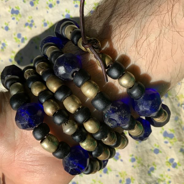 ANTIQUE SET OF TWO COBALT BLUE GLASS AND BRASS ETHIOPIAN NECKLACES BRACELET STACKERS ON LEATHER