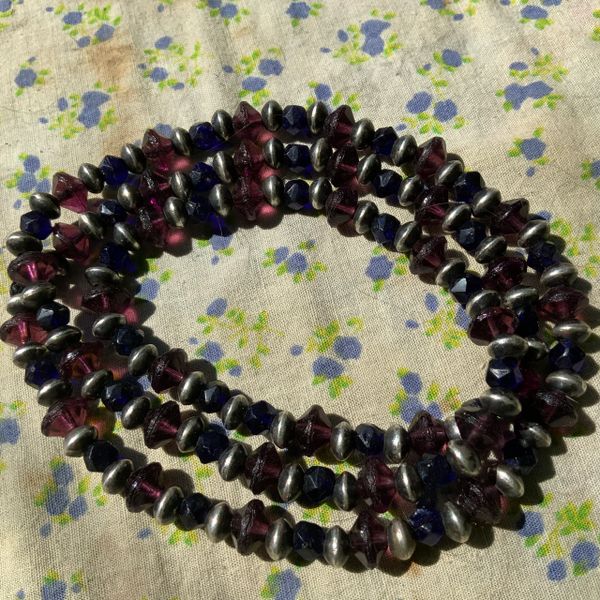 1800s RARE FACETED VASELINE GLASS NATIVE AMERICAN TRADE BEADS WITH 1940s SILVER BENCH BEAD NECKLACE