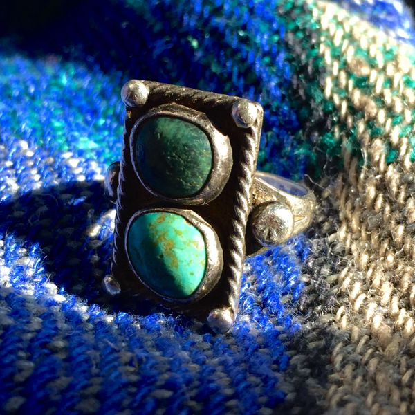 SOLD 1910s SMALL 2 STONE BLUE GREEN TURQUOISE RING