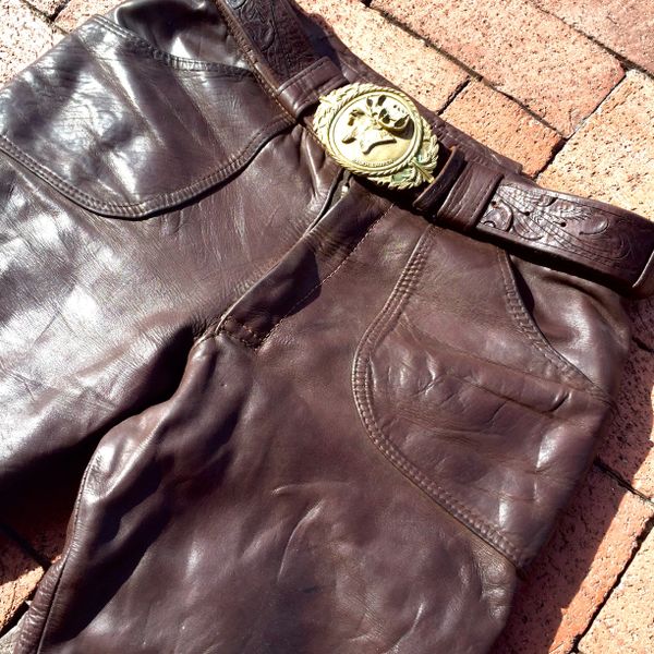 SOLD 1960's BRITISH DARK BROWN LEATHER BELL BOTTOMS 30" X 30"