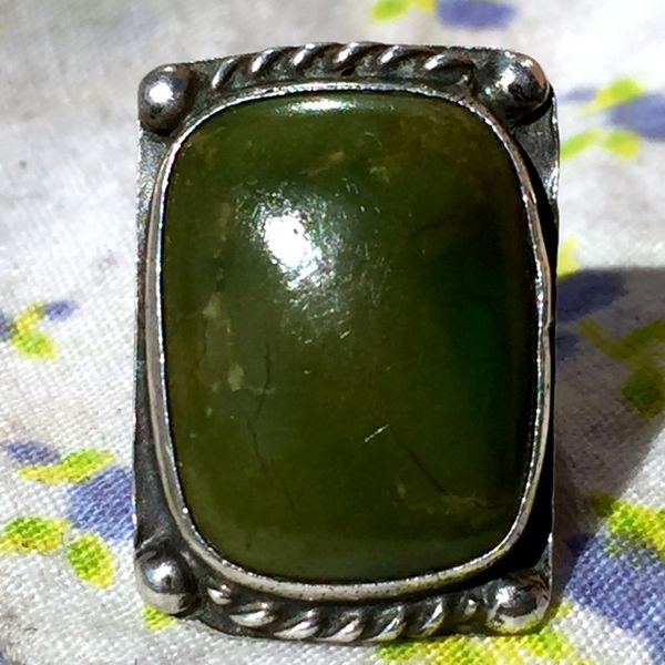 SOLD 1940s STAMPED FRED HARVEY ERA OLIVE GREEN TURQUOISE SILVER RING