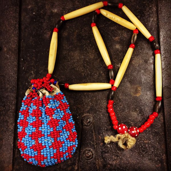 SOLD 1930s BEADED DEERSKIN MEDICINE POUCH from a SHAMAN with ORIGINAL CONTENTS