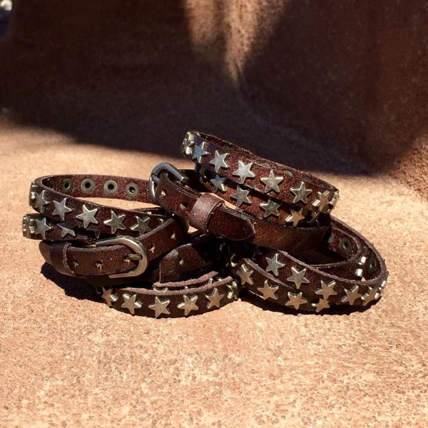 DARK BROWN TRIPLE WRAP SHINY STAR STUDDED LEATHER BELT or CUFF BRACELET