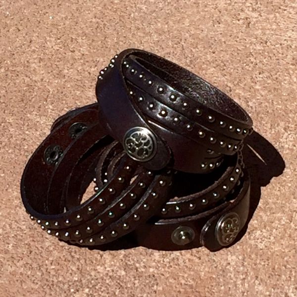 BROWN LEATHER 4 STRAP TINY METAL STUDDED BRACELET CUFF