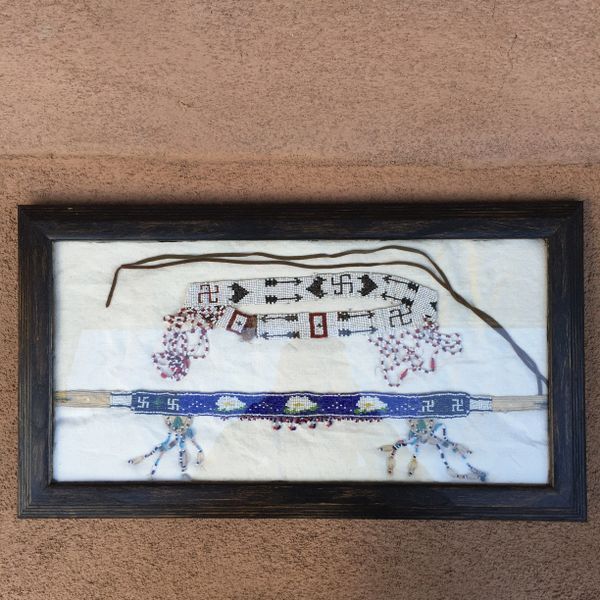 SOLD 1920s FRAMED SWASTIKA WHIRLING LOGS, ARROWS, FLOWERS & PINON TREES BEADED POW WOW HEADDRESS PAIR