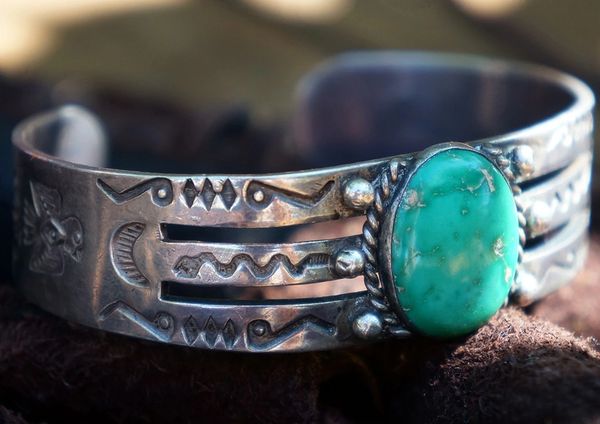 SOLD 1930's MEDIUM THUNDERBIRD TURQUOISE & SILVER CUFF