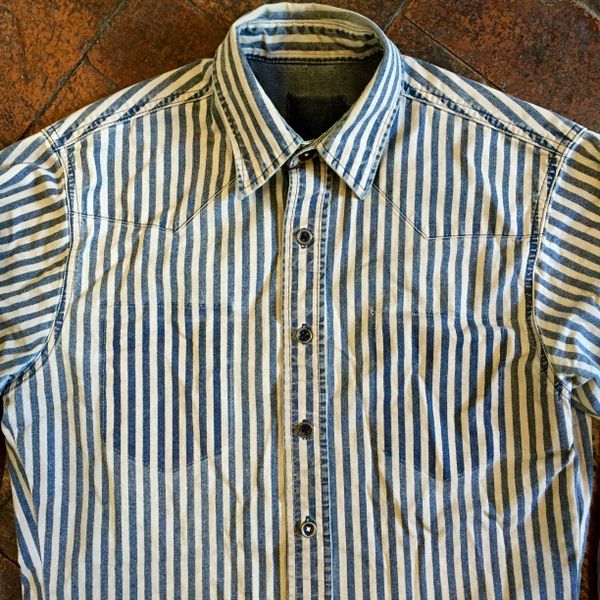 SOLD 1970's FADED WIDE INDIGO STRIPED WESTERN DENIM SHIRT.