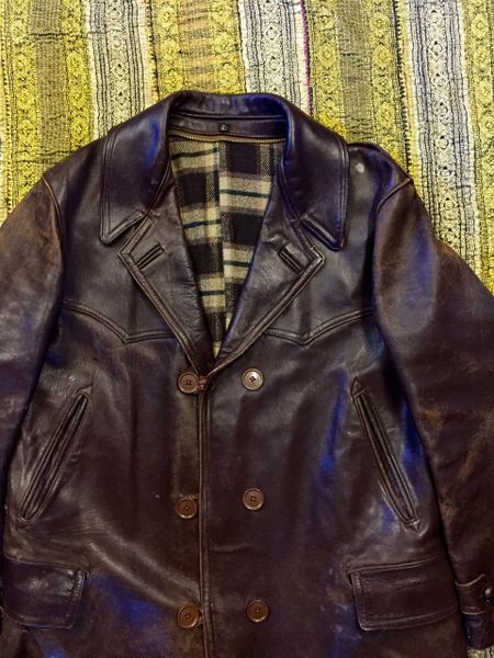 SOLD 1940's FRENCH SUPPLE LEATHER DISTRESSED DOUBLE BREASTED CAR COAT