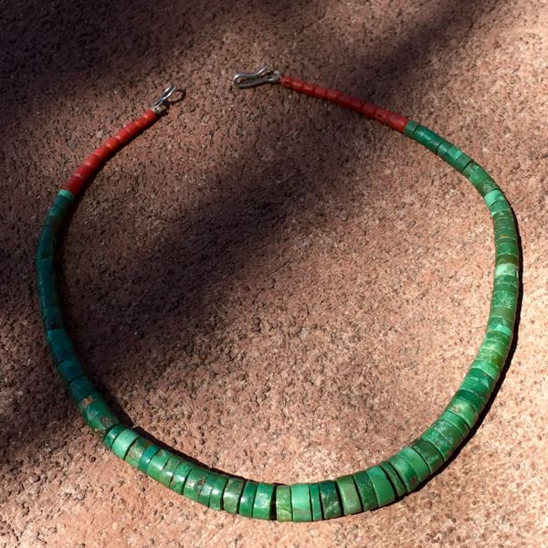 SOLD 1930s GRADUATED TURQUOISE & CORAL HEISHI BEAD NEW MEXICO CHOKER NECKLACE
