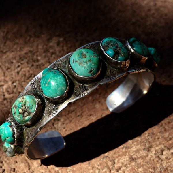 SOLD 1920s SIGNED SILVER STAMPED SUNS TURQUOISE NUGGET CUFF BRACELET
