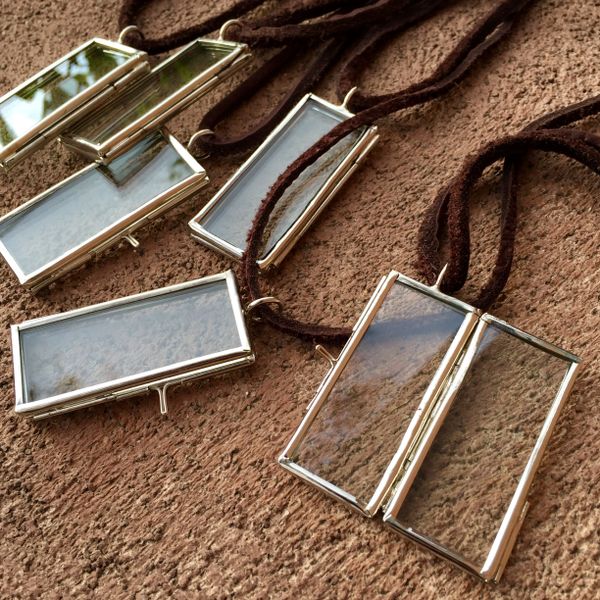 RECTANGLE CHROME GLASS & METAL PENDANT KEEPSAKE LOCKET on AMERICAN DEERSKIN