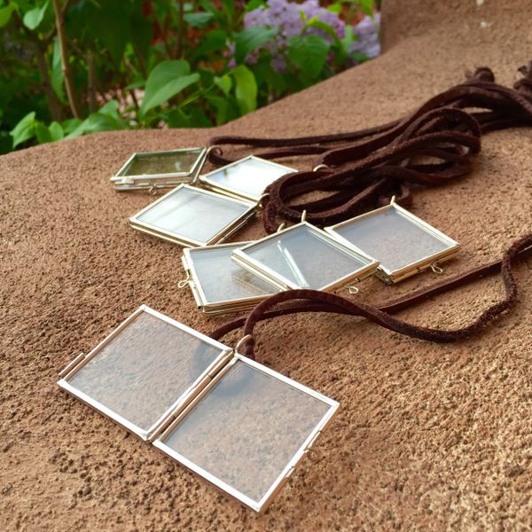 SQUARE GLASS & METAL PENDANT KEEPSAKE LOCKET on AMERICAN DEERSKIN