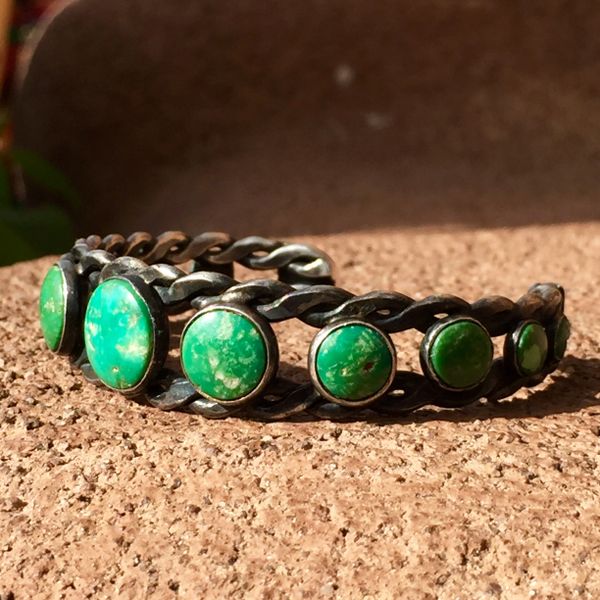 SOLD 1940s WROUGHT TWISTED INGOT GREEN TURQUOISE BRACELET