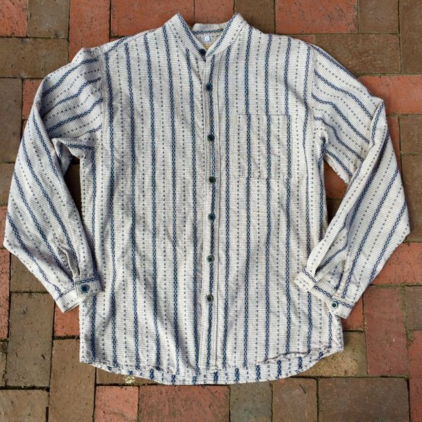 SOLD VINTAGE REPRODUCTION HOMESPUN INDIGO, CREAM, BROWN CALICO BANDED COLLAR SHIRT