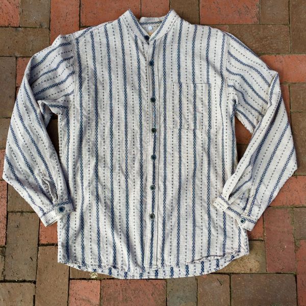 SOLD VINTAGE REPRODUCTION HOMESPUN INDIGO, CREAM, BROWN CALICO BANDED COLLAR SHIRT