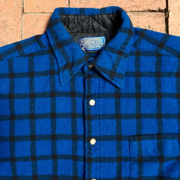 SOLD 1980s PENDLETON WOOL COBALT BLUE WINDOWPANE TARTAN PLAID HUNTING SHIRT